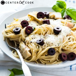 Angel Hair Pasta with Olive, Artichoke and Mozzarella