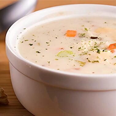 bowl of cream of chicken and rice soup made in the slow cooker