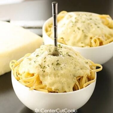 bowl of pasta with creamy alfredo sauce