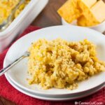 baked macaroni and cheese with evaporated milk and eggs topped with a bread crumb topping