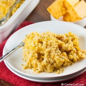 baked macaroni and cheese with evaporated milk and eggs topped with a bread crumb topping