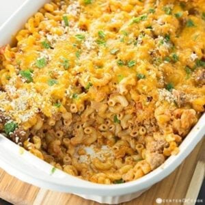 casserole dish of cheesy and beef casserole