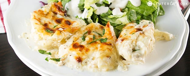 Cheesy chicken alfredo stuffed shells