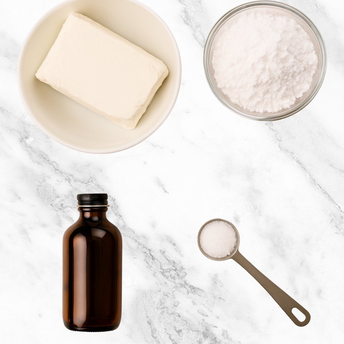 ingredients to make cream cheese frosting for fruit pizza including cream cheese, powdered sugar, vanilla extract and salt