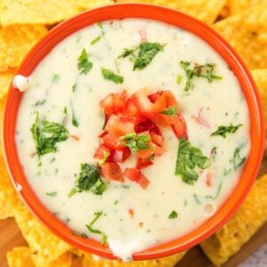 bowl of queso blanco surrounded by tortilla chips