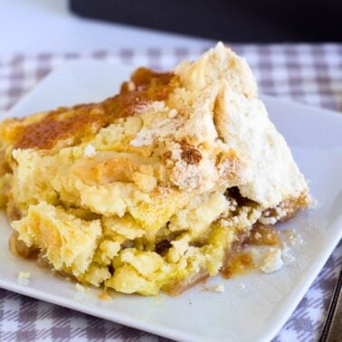 easy pear dump cake served on a plate.