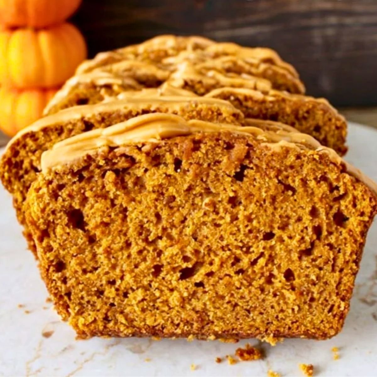 close-up of pumpkin butterscotch bread cut into slices for serving
