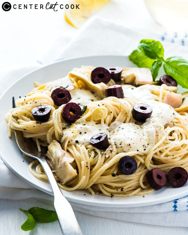 angel hair pasta with olive artichoke mozzarella 2