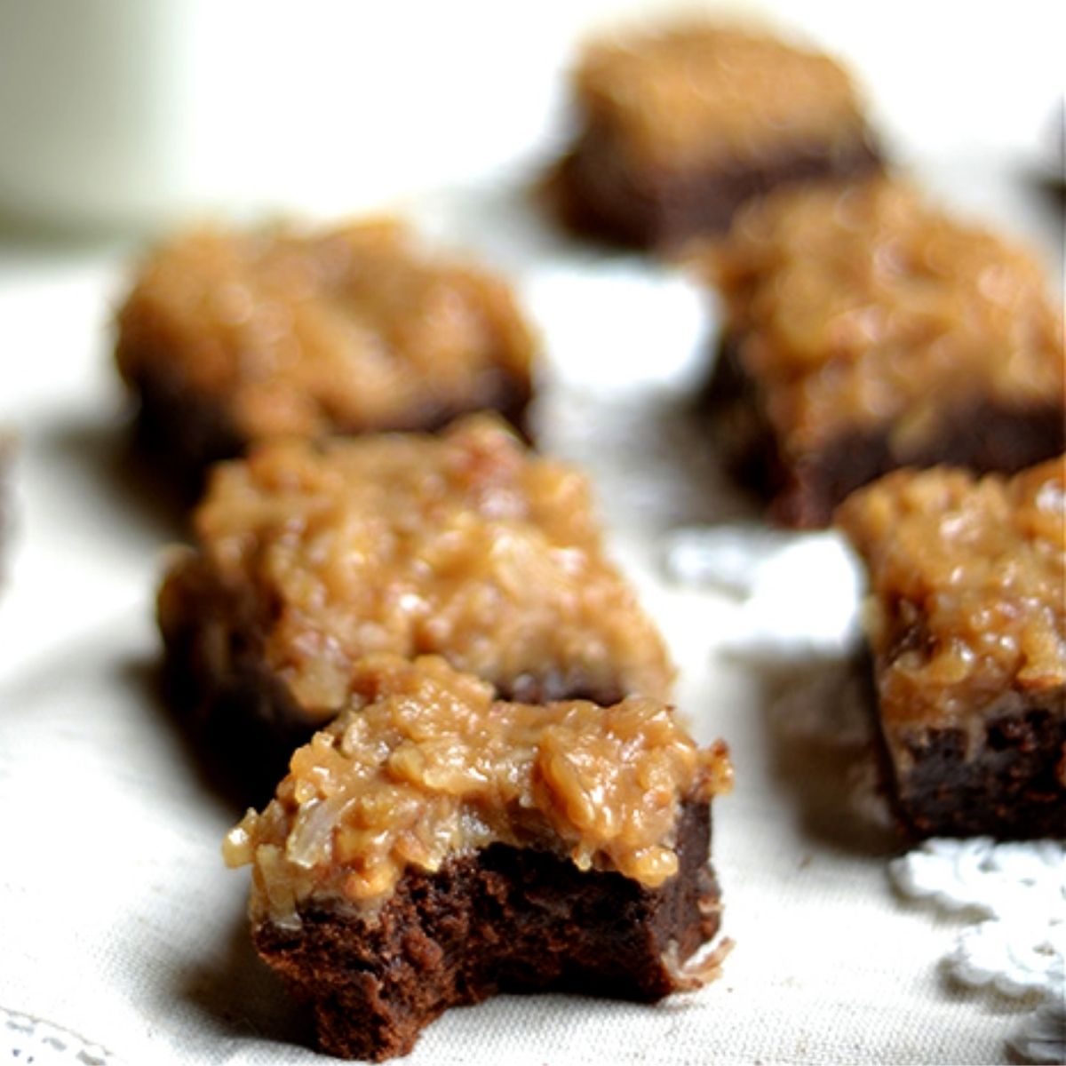 close-up of fudgy German chocolate brownies