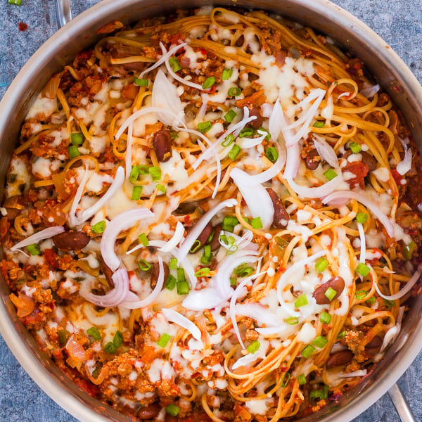 one pot chili pasta skillet 4