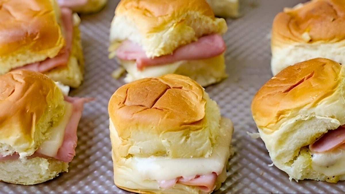 baked ham and cheese. sliders fresh out of the oven