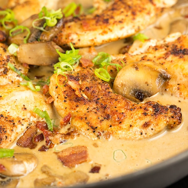 One Skillet Chicken Bacon and Mushrooms in Parmesan Cream Sauce
