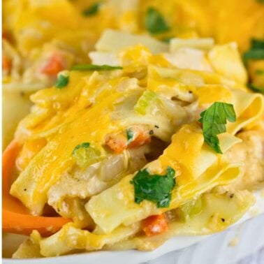 close-up of a cheesy turkey casserole showing noodles, vegetables and melted cheese.