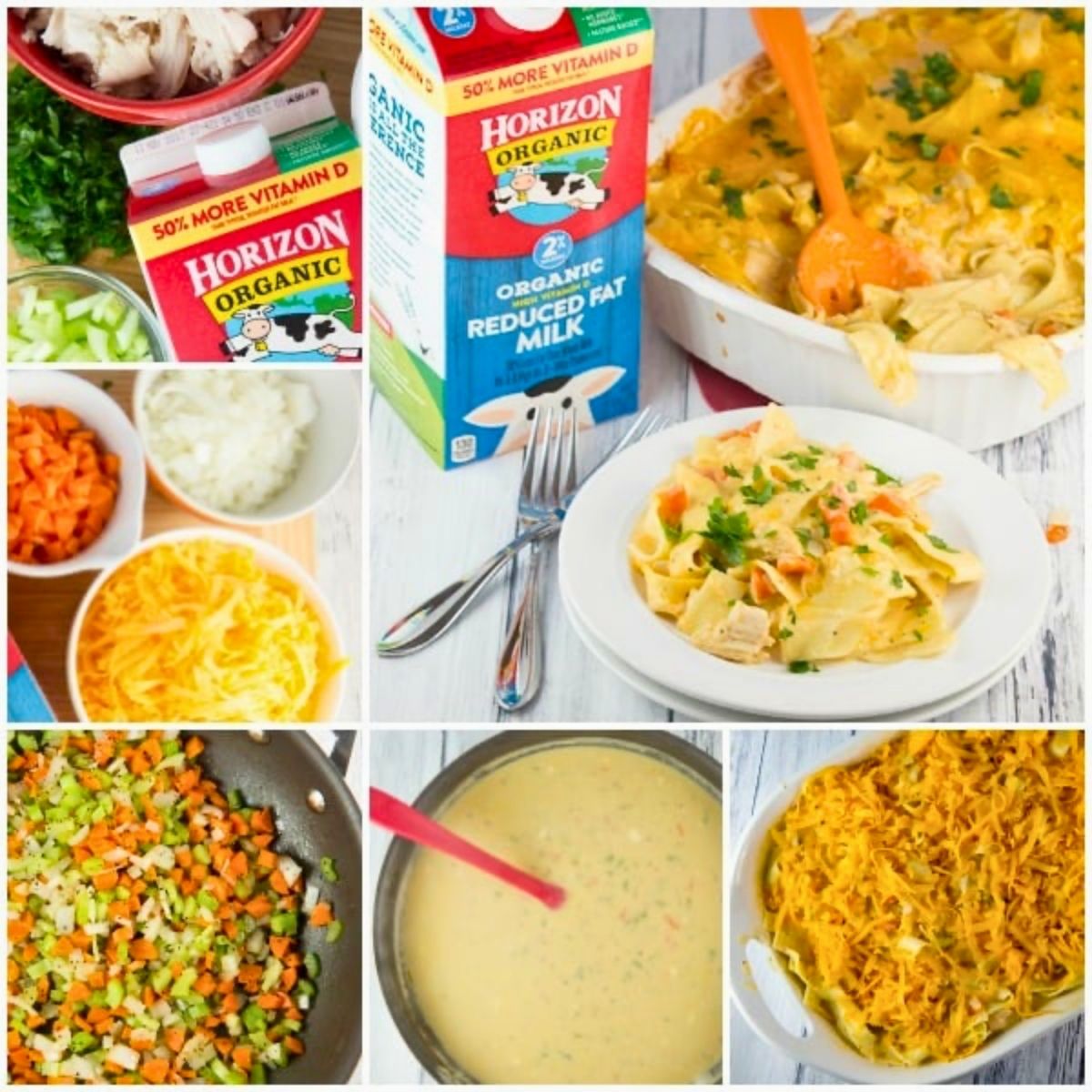 step by step photos showing how to make cheesy turkey noodle casserole with turkey or chicken