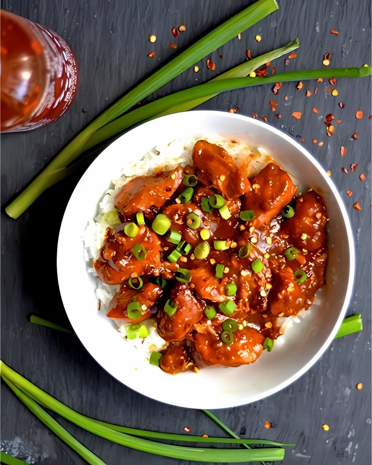 overhead photo of a bowl of general tso's chicken made in the slow cooker served with white rice and garnished with chopped green onions and red pepper flake.