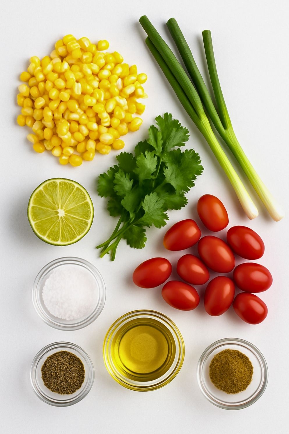 ingredients for summer corn salad including sweet corn, cherry tomatoes, cilantro, and green onions