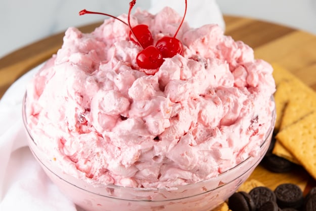 pink fluff salad with cherry pie filling