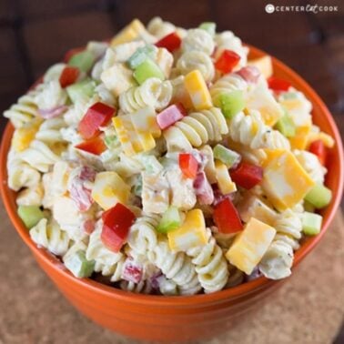 bowl of creamy cheddar pasta salad