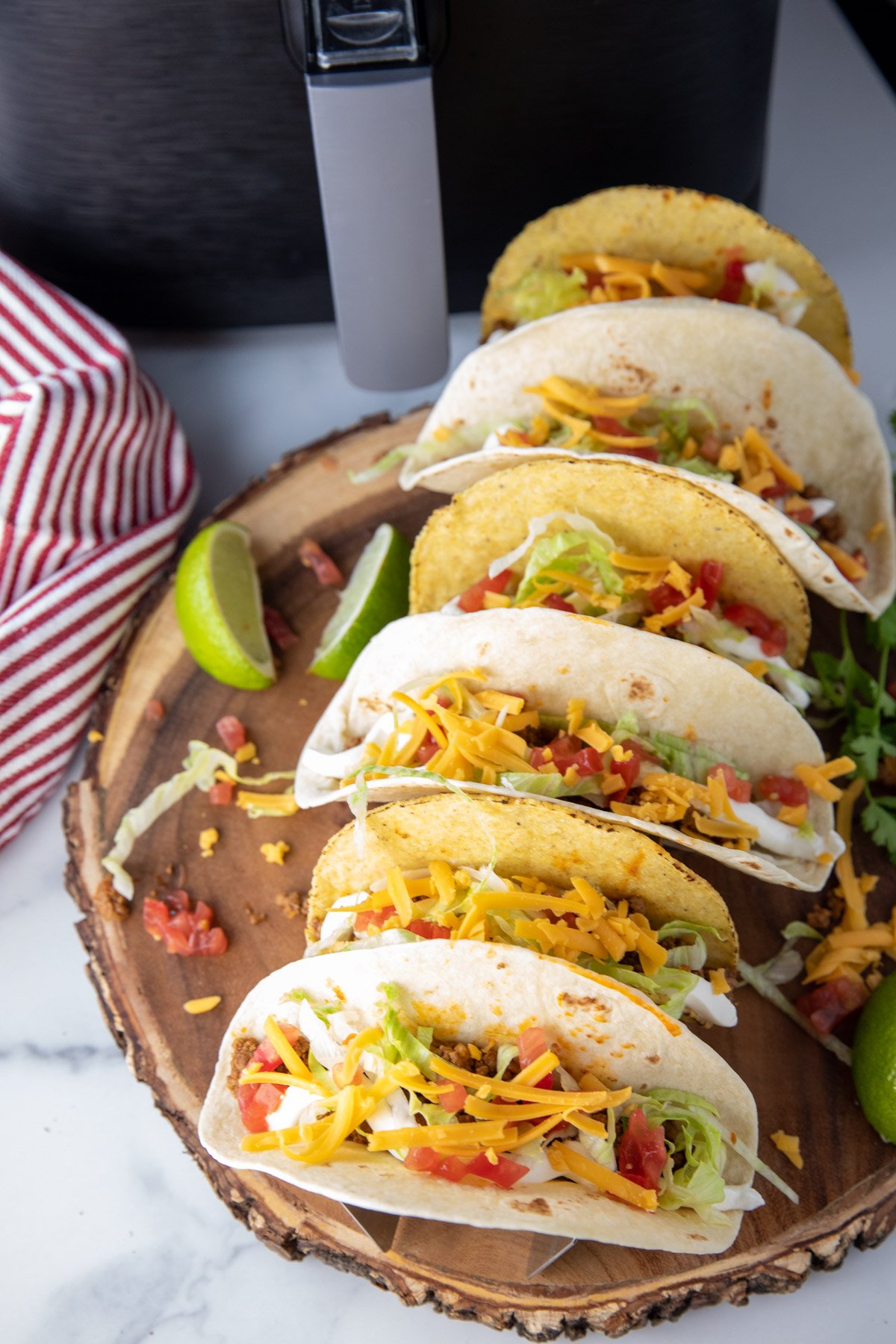 taco shells heated in air fryer with toppings