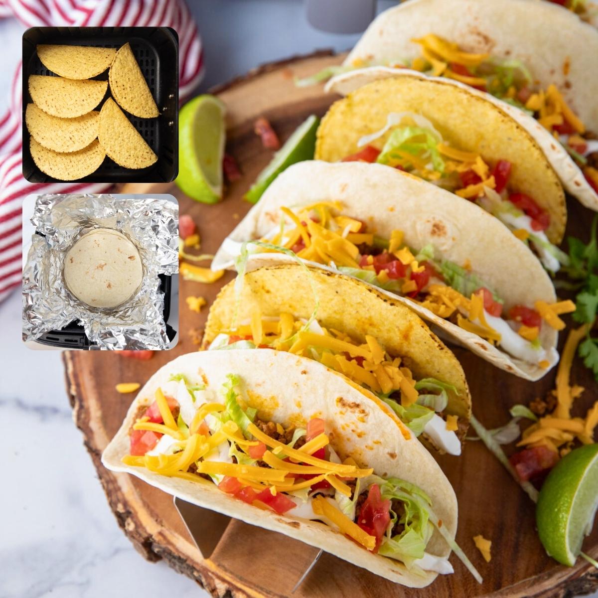 taco shells in the air fryer, flour tortillas, corn tortillas, and hard taco shells