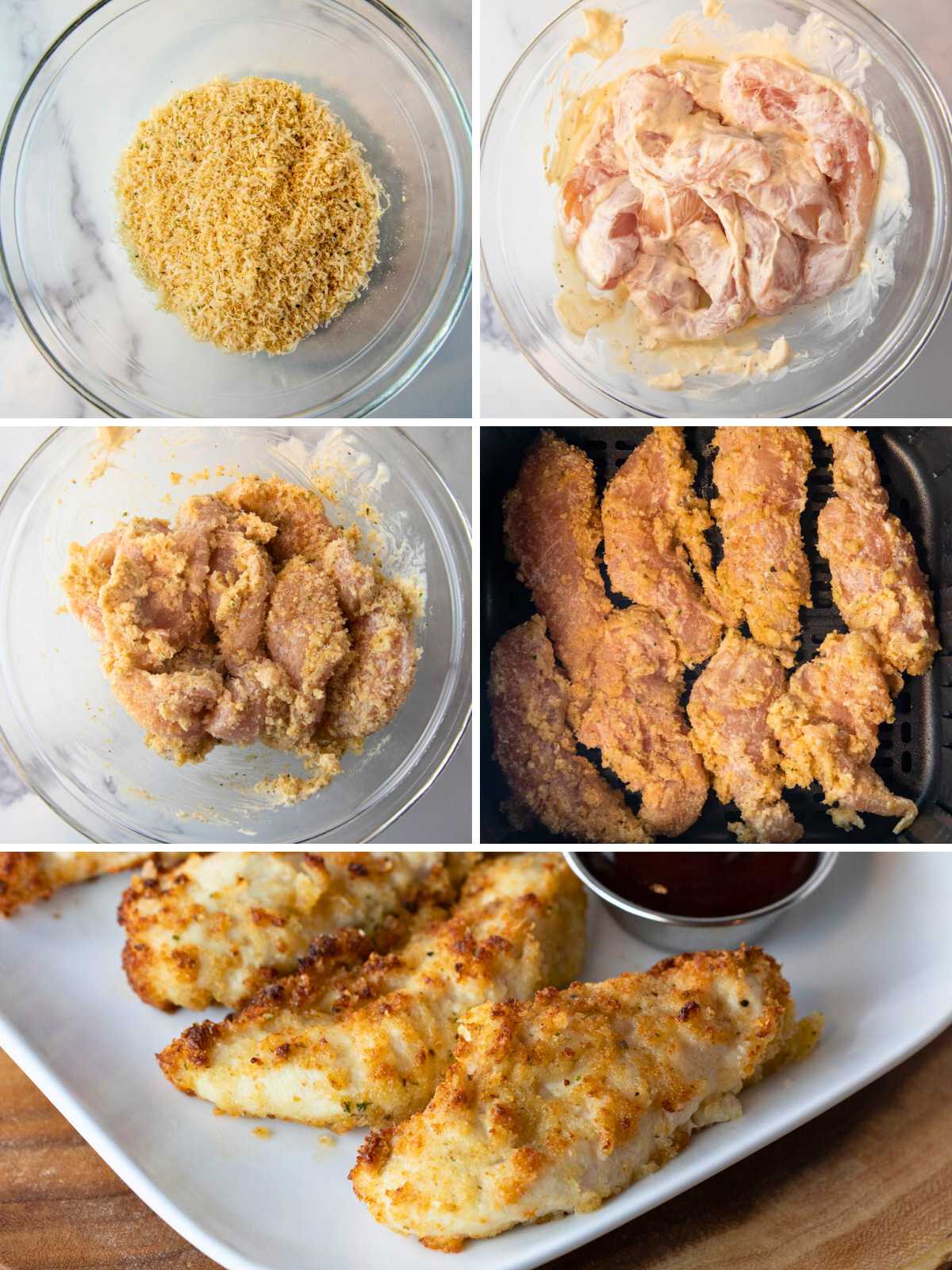 steps showing how to make air fryer parmesan crusted chicken