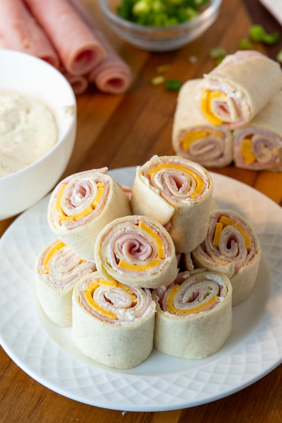 ham and cheese pinwheels on a plate