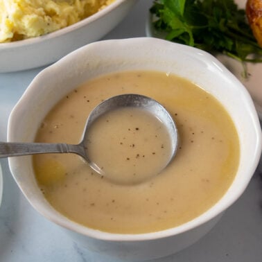 bowl of turkey gravy with a ladle