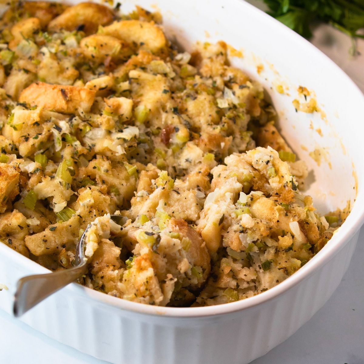 casserole dish of turkey stuffing