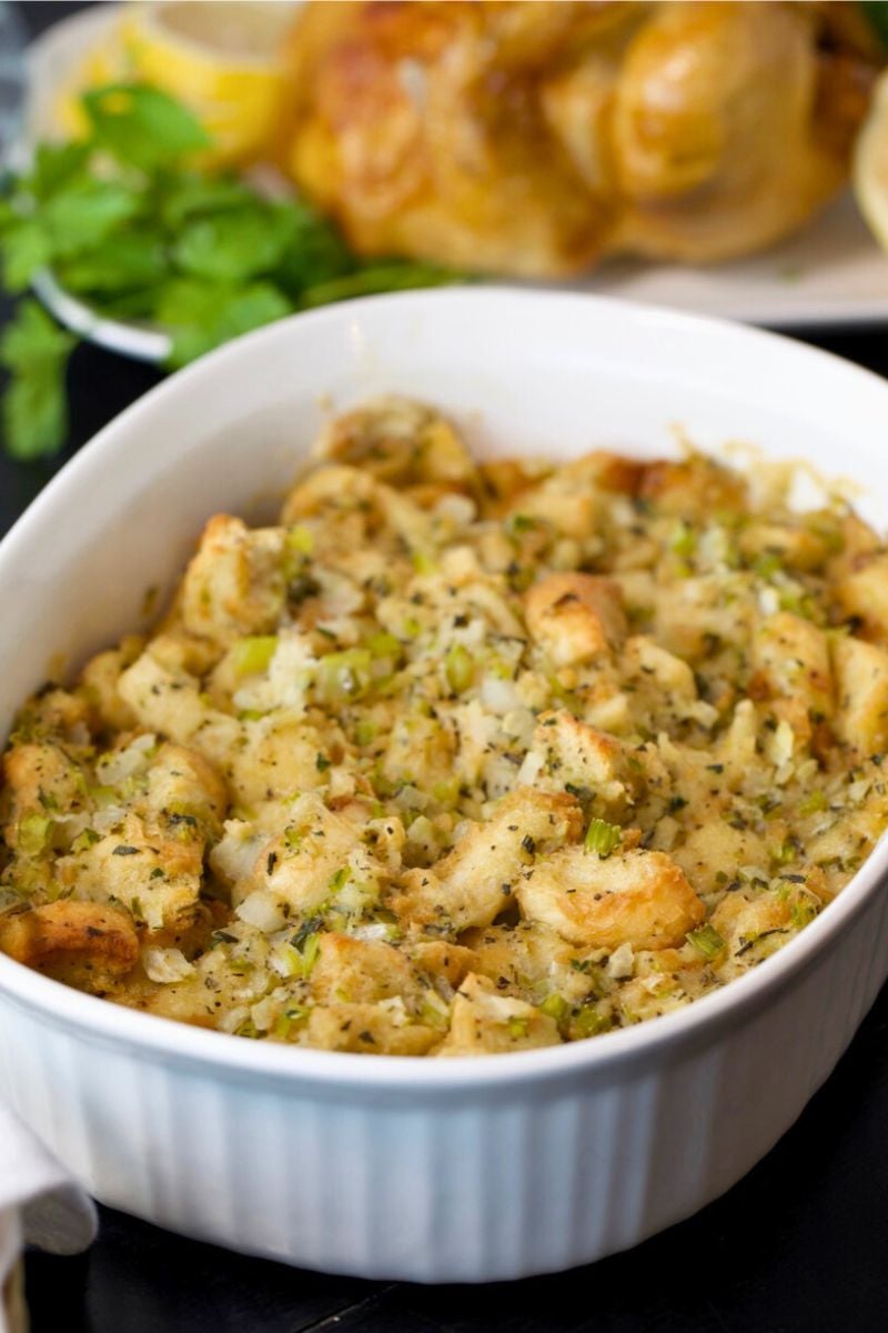 casserole dish of turkey stuffing