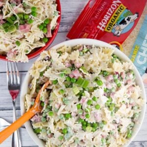 bowl of creamy ham and cheese pasta salad