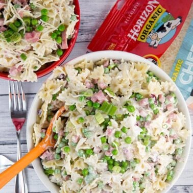 bowl of creamy ham and cheese pasta salad