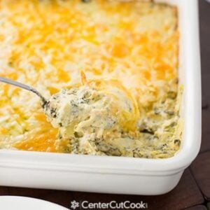 pan of warm spinach artichoke dip