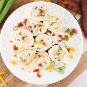 overhead of plate of chicken bacon ranch pinwheels