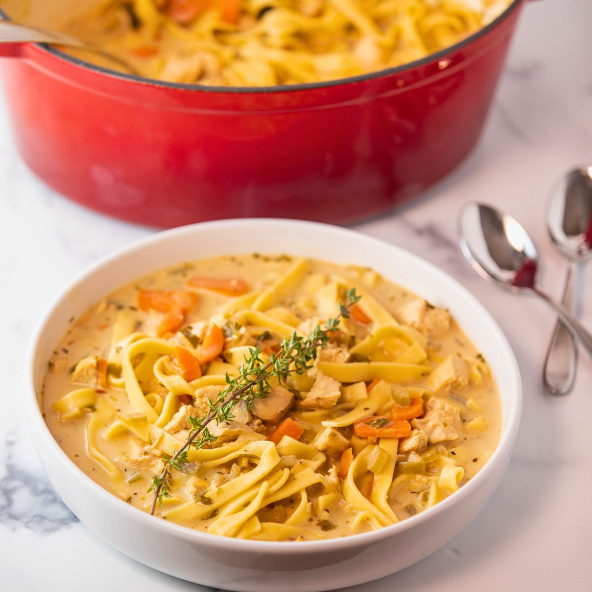 bowl of creamy chicken noodle soup. Pot of soup sitting in background