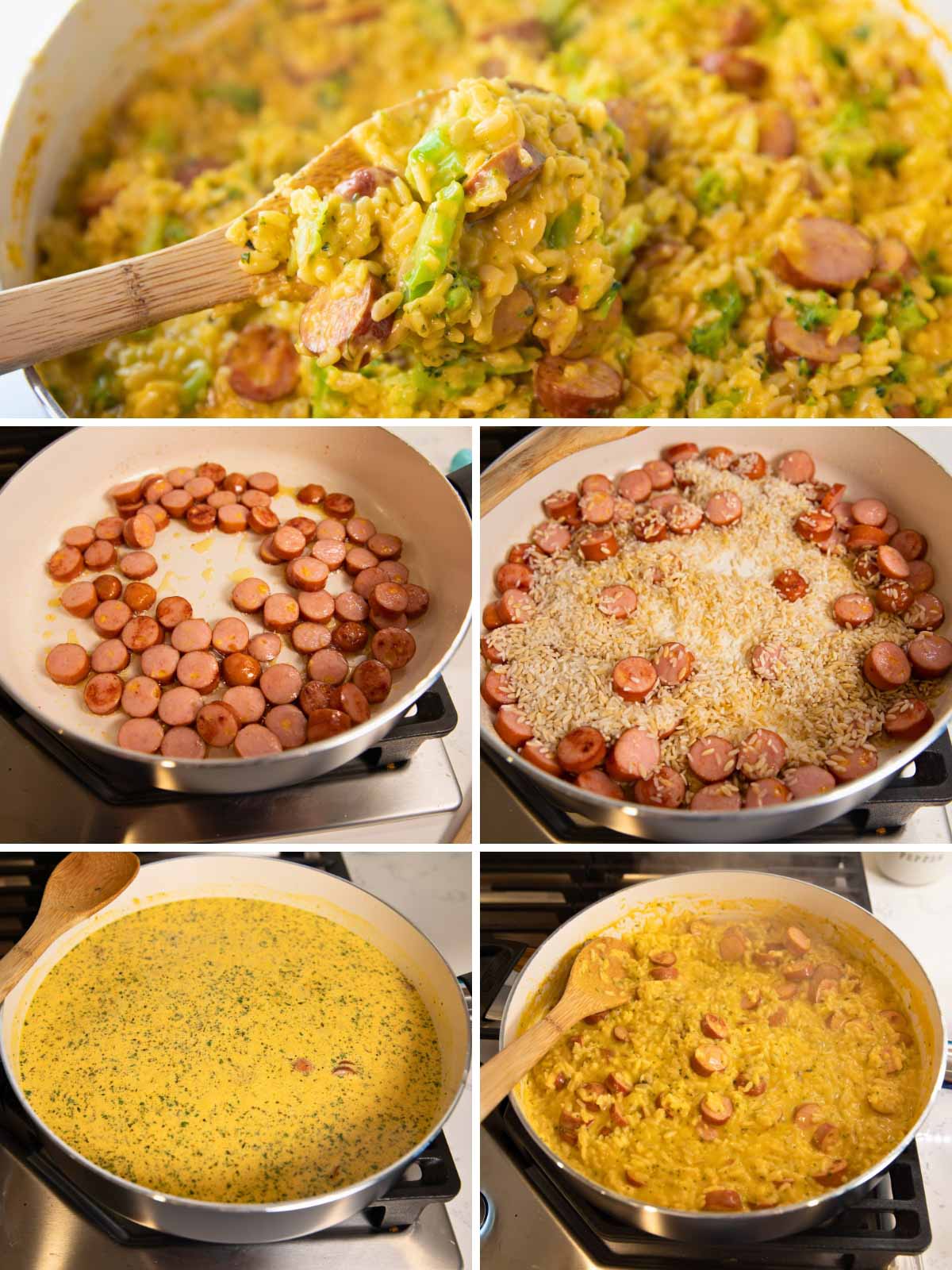 steps showing how to make cheesy sausage and rice skillet