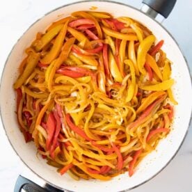 overhead of skillet of fajita veggies