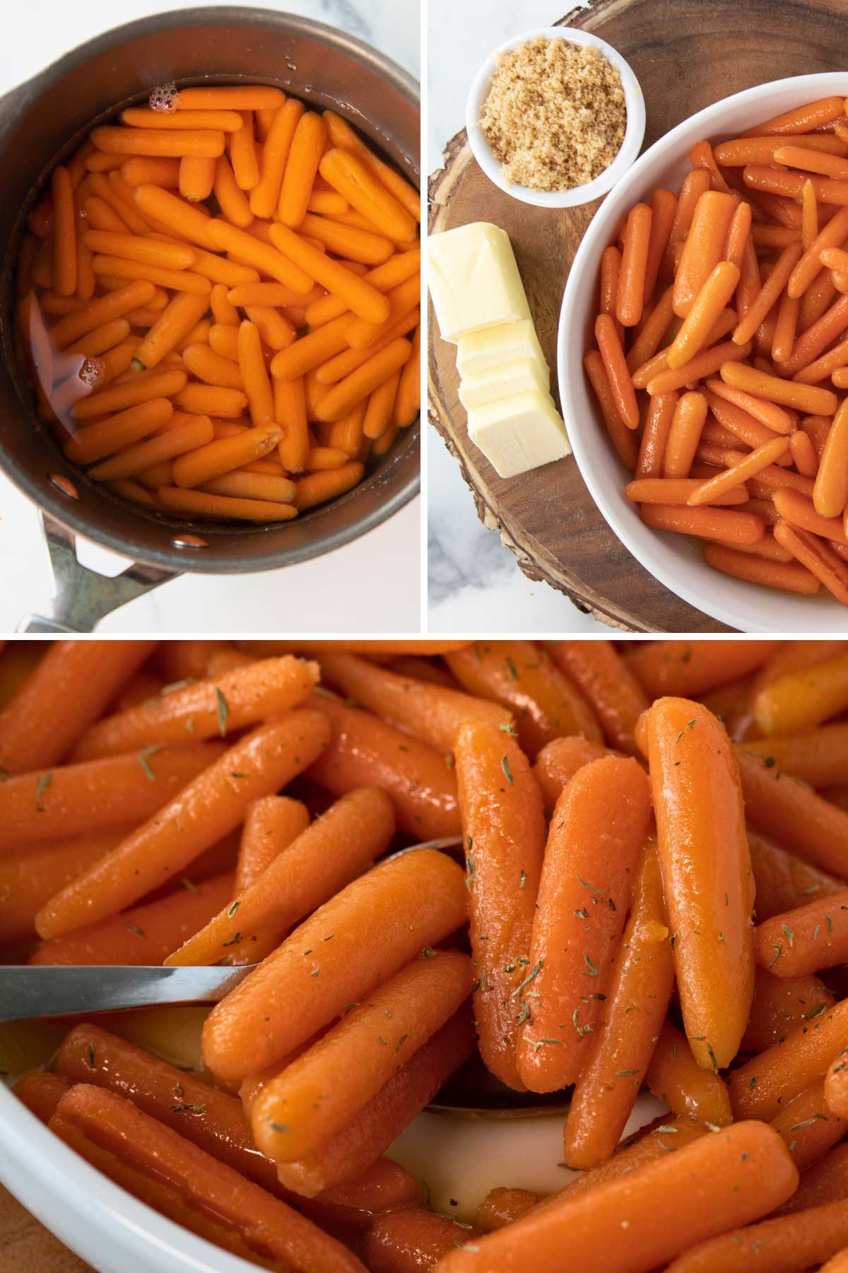 pot of baby carrots with water, bowl of carrots with butter and brown sugar sitting beside, brown sugar glazed carrots
