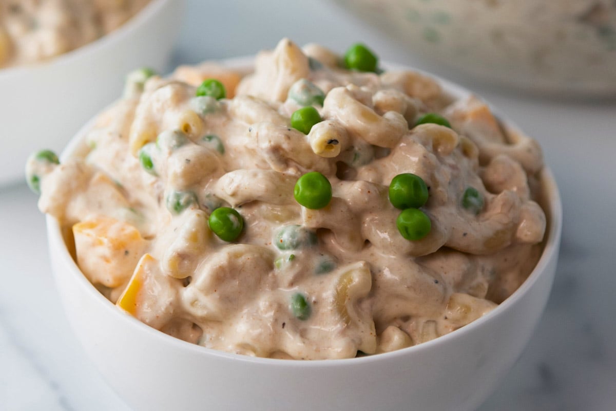 bowl of tuna macaroni salad with peas