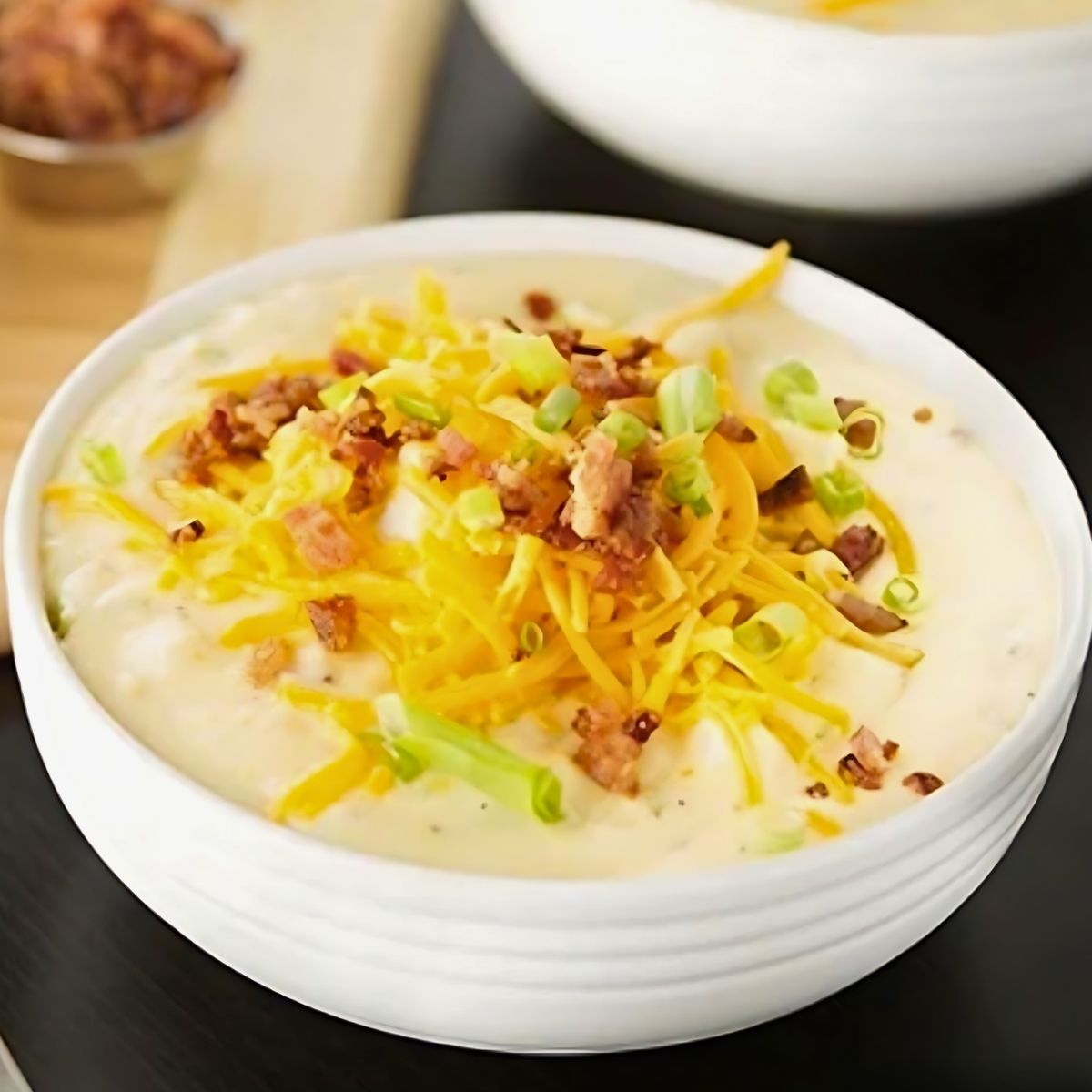 loaded baked potato soup recipe in a bowl
