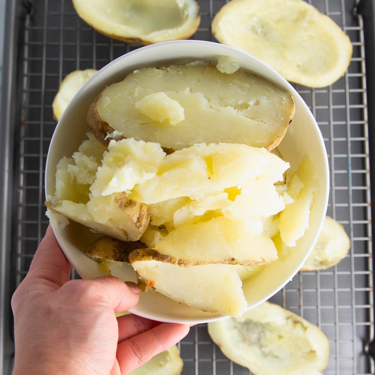 scooped-out potato leftover for prepping baked potatoes for potato skins