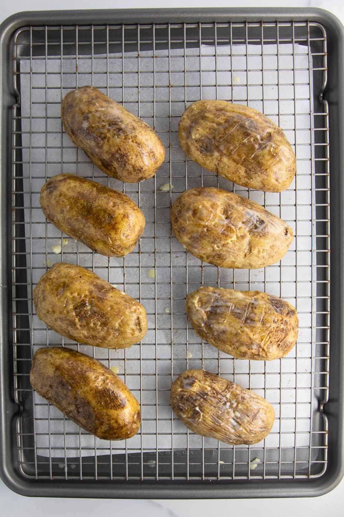 russet potatoes baked then prepared to make potato skins.