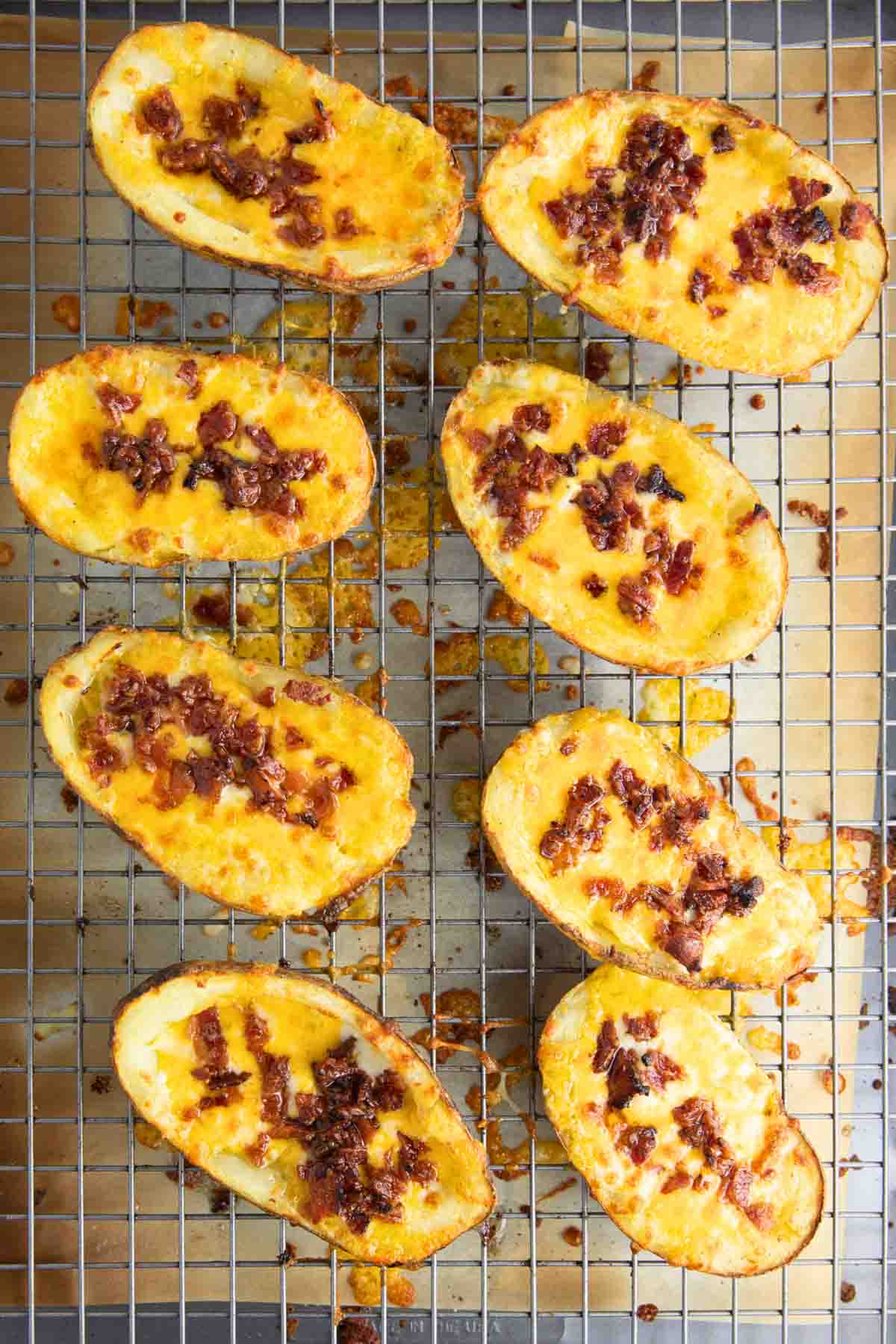 potato skins topped with melted cheddar cheese and crispy bacon