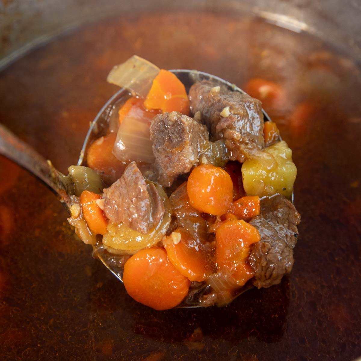 cooked beef stew after pressure release, showing tender meat and vegetables.