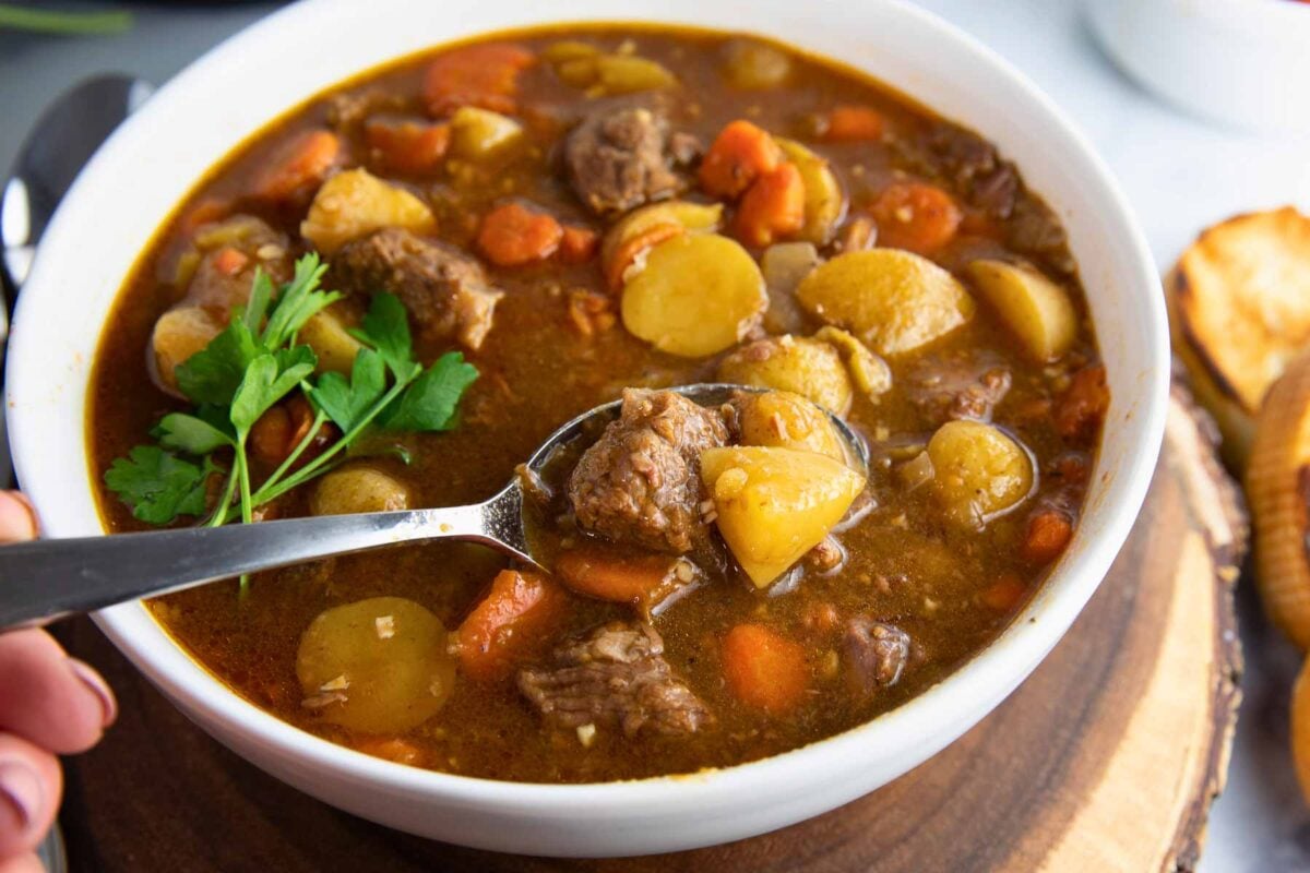 A spoonful of Irish beef stew.