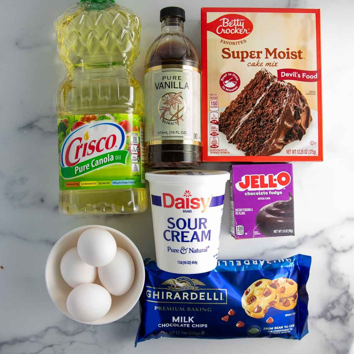 ingredients you will need to make nothing bundt cakes' chocolate chocolate chip Bundt Cake with cream cheese frosting.