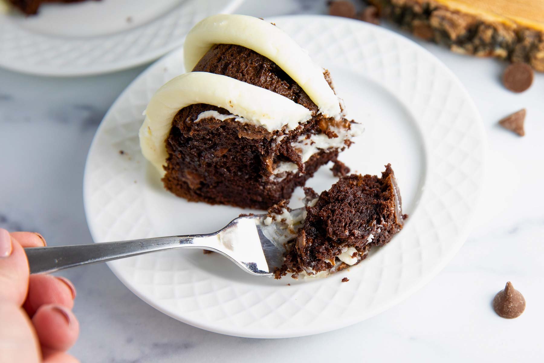 a slice of moist chocolate Bundt Cake with gooey chocolate chips.