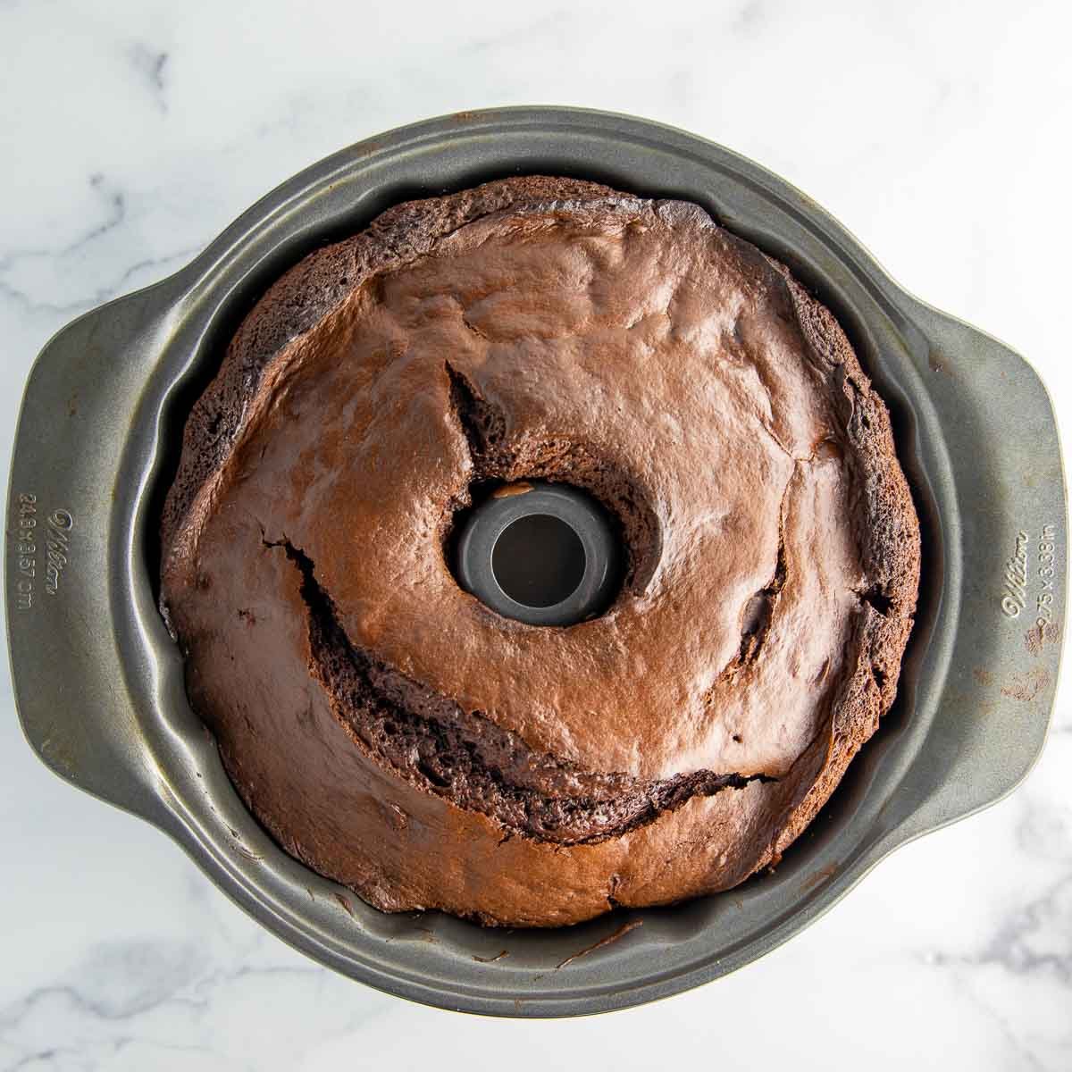 freshly baked chocolate Bundt Cake just out of the oven.