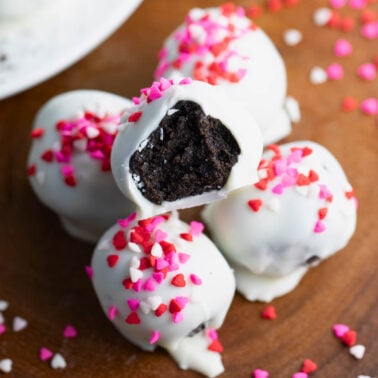 easy no-bake Oreo truffles are made with only 3 ingredients and perfect to give for Valentine's Day