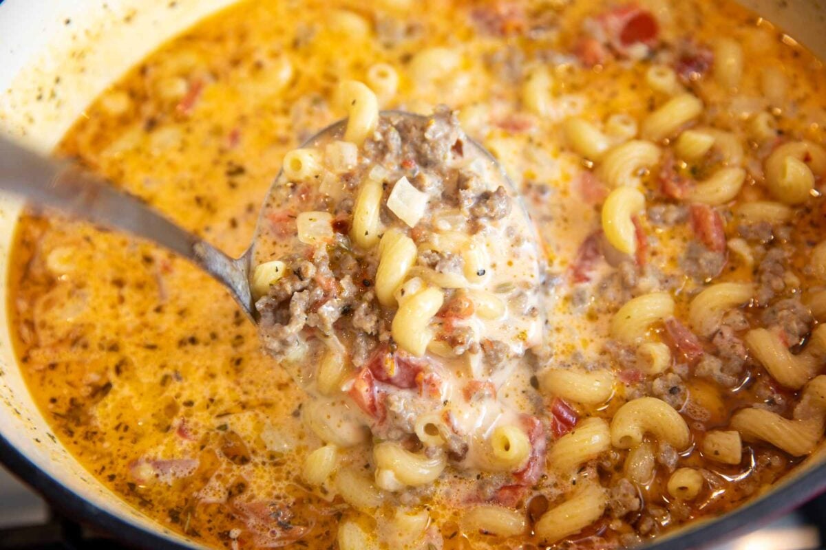 ladle of creamy Italian sausage soup