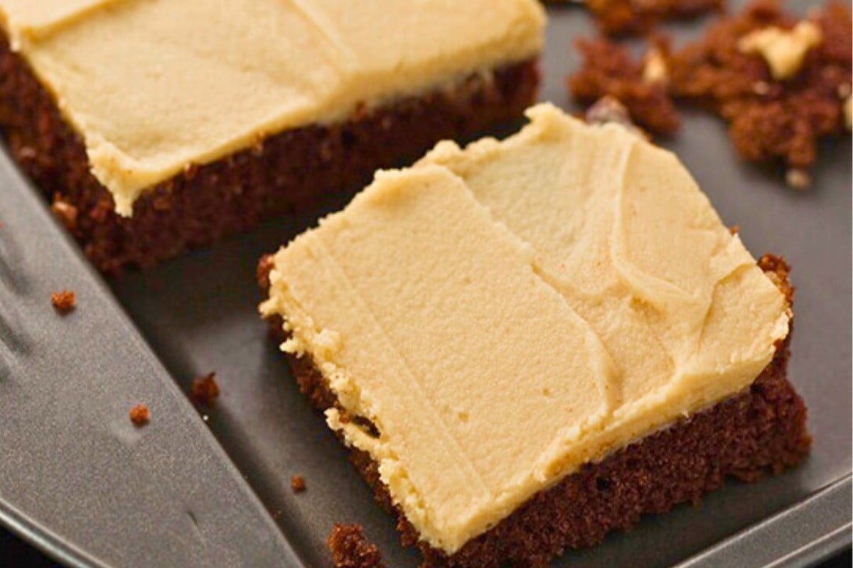 moist chocolate sheet cake with peanut butter frosting in an 18 x 13 sheet pan.